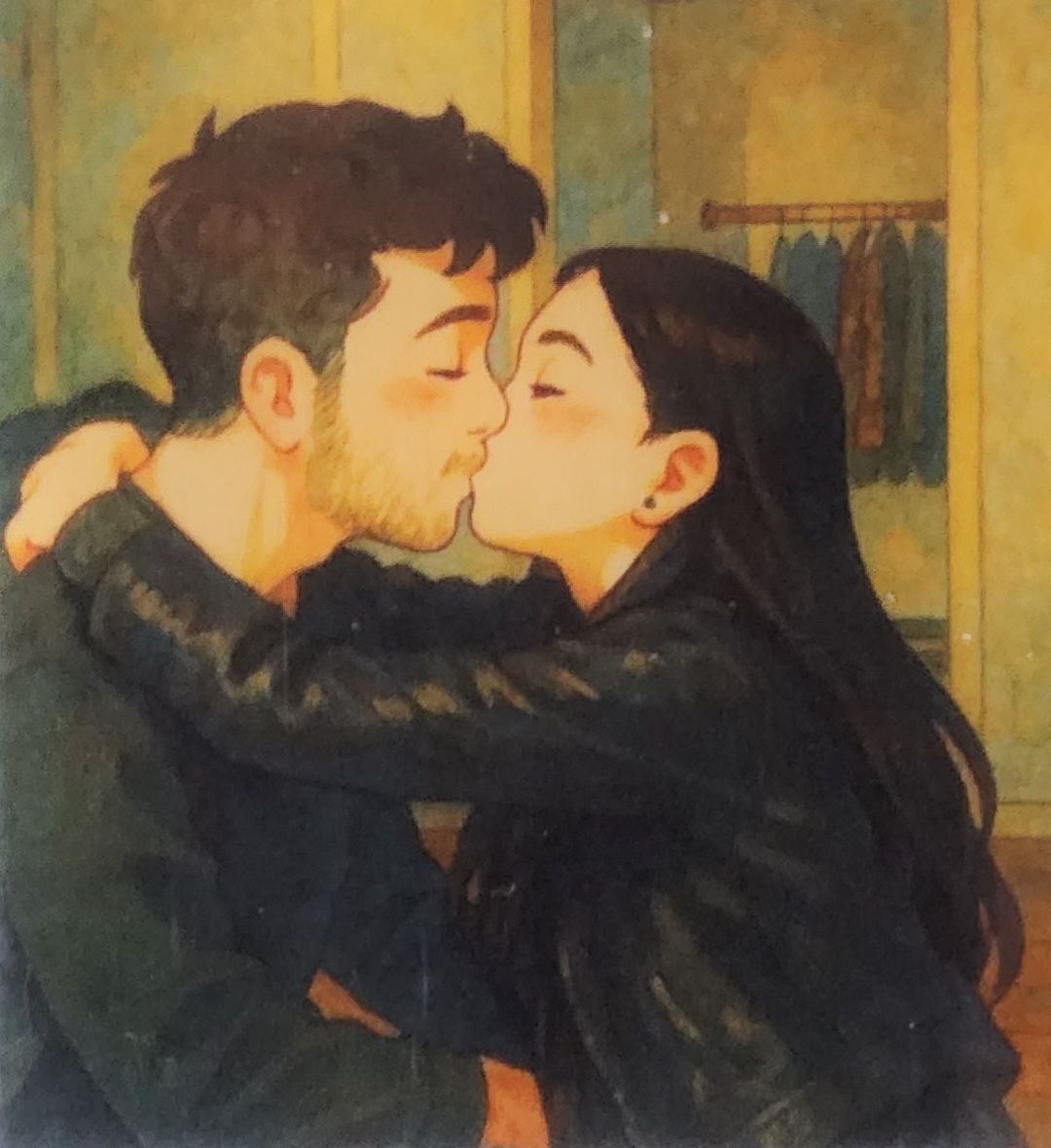 An illustrated portrait of us kissing.